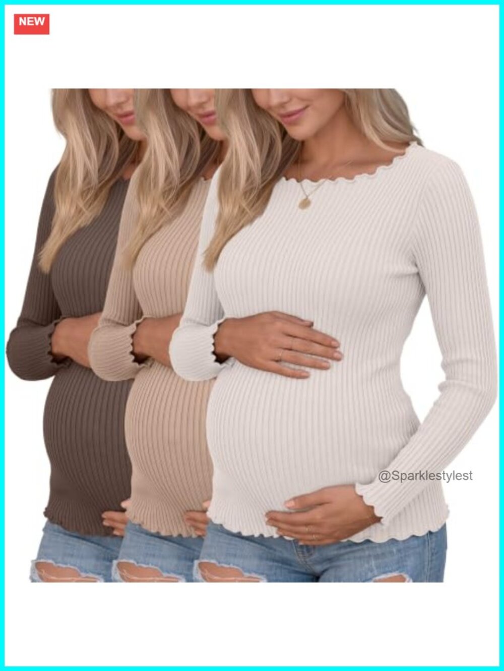 Womens Maternity Long Sleeve Cotton Top Boat Neck Ribbed 3 Pack